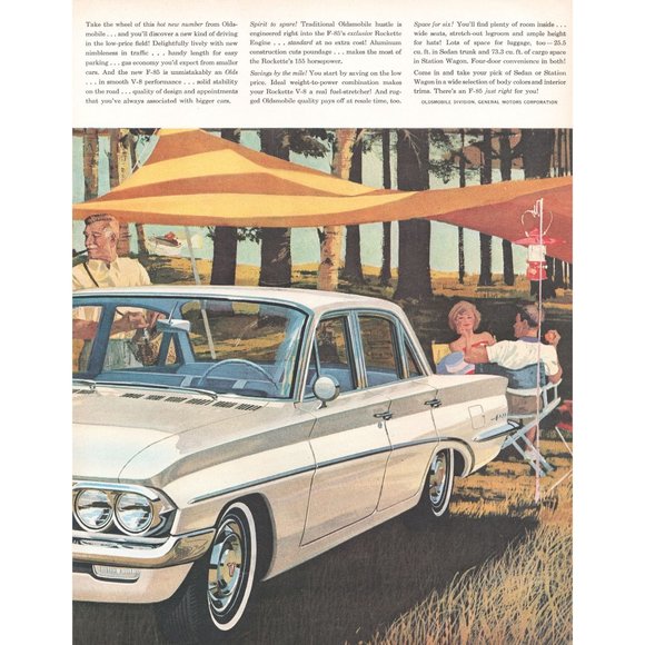 1961 Oldsmobile F-85 Sedan and Wagon 2 Page Vintage Print Ad Camping Trip Art - Picture 3 of 3
